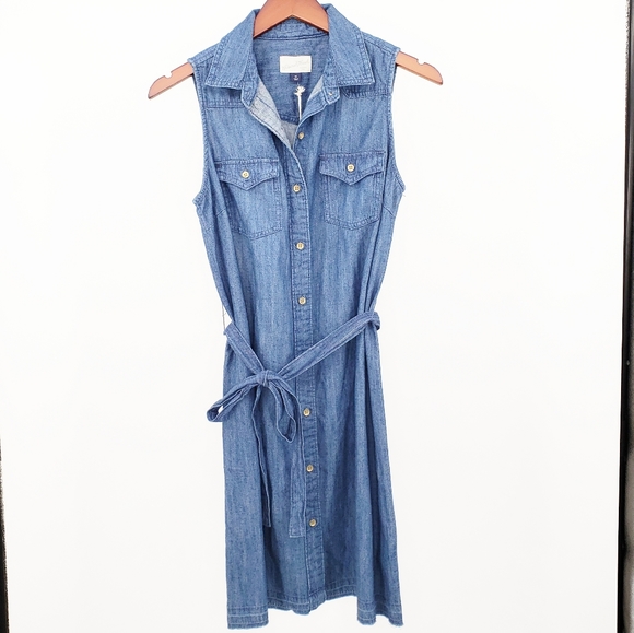 NEW Sleeveless Belted Chambray Shirtdress Med Wash - Picture 4 of 5
